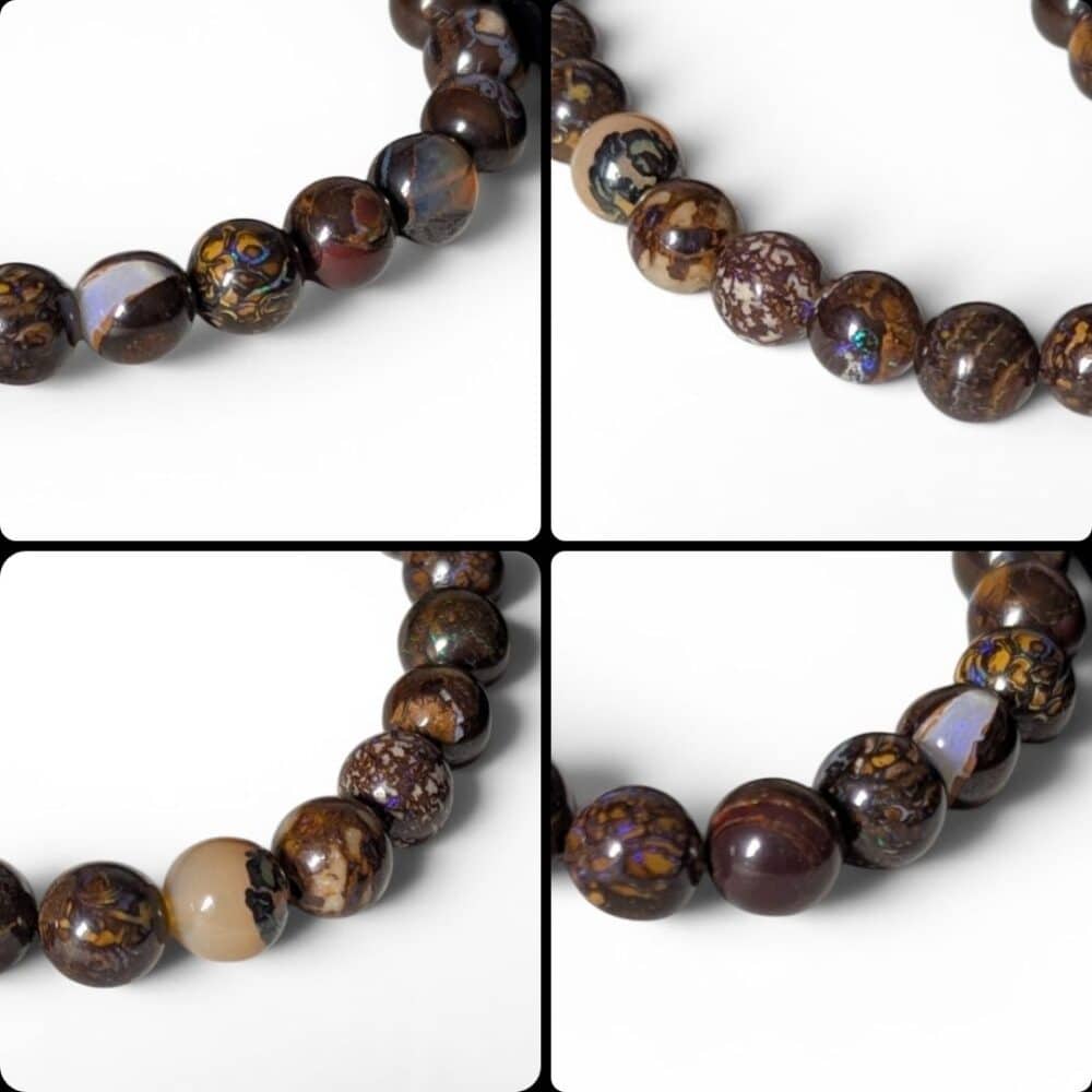 Gros plans des perles d'un bracelet en opale Boulder naturelle 8 mm révélant leurs magnifiques reflets et leurs motifs uniques.