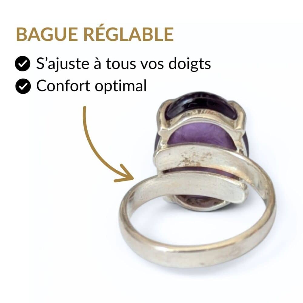 Bague argent 925 amethyste réglable s'ajuste à tous les doigts vue intérieure