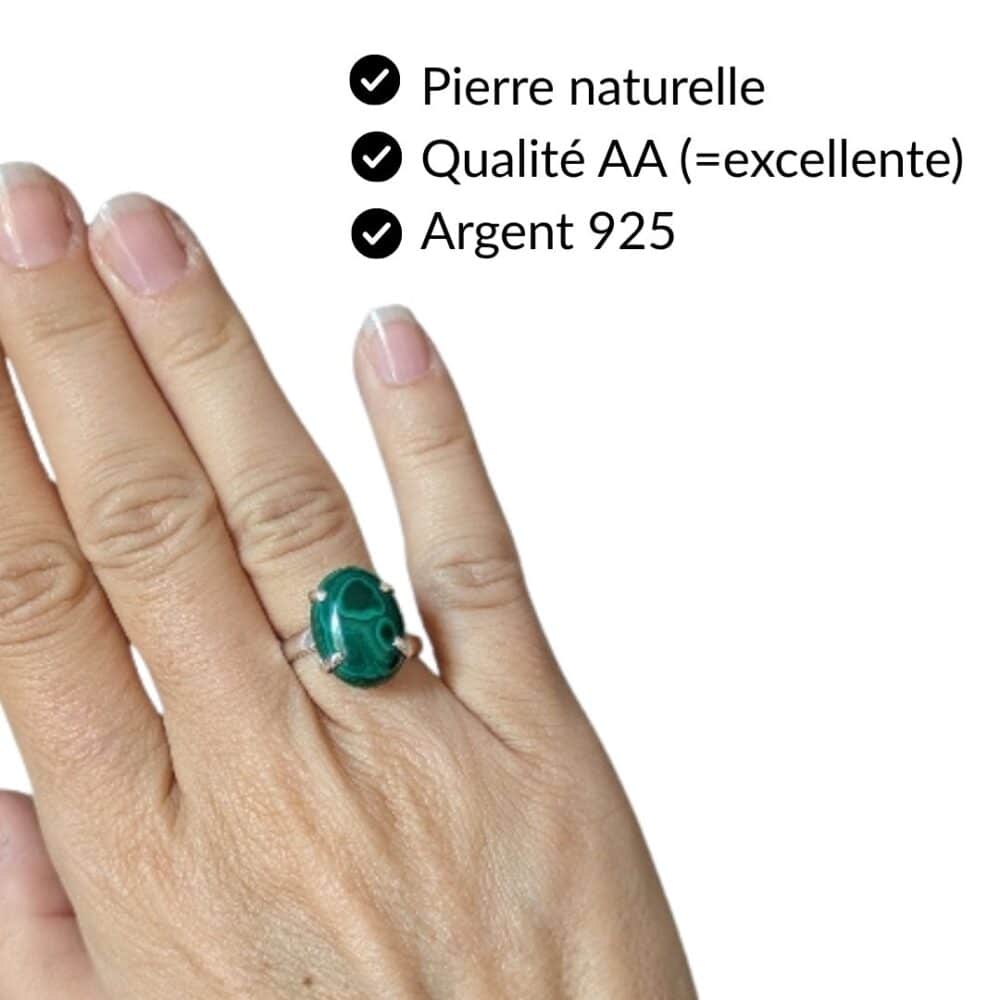 Bague malachite pierre naturelle qualité AA argent 925 bijou lithothérapie Garaulion
