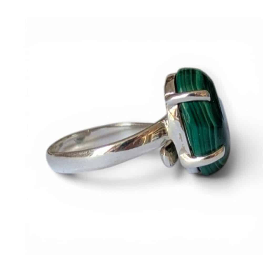 Bague argent 925 malachite réglable vert vue latérale pierre lithothérapie