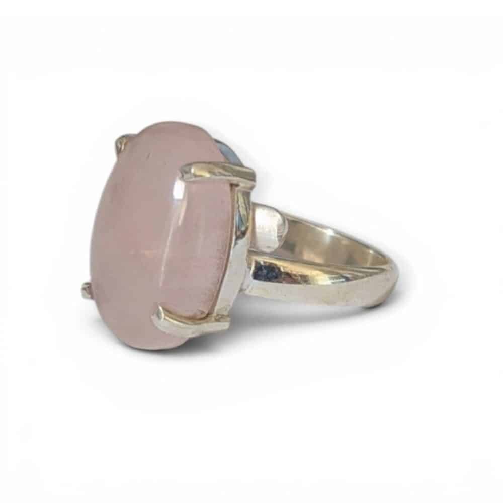 Bague argent 925 quartz rose qualité AA sertissage griffes vue profil
