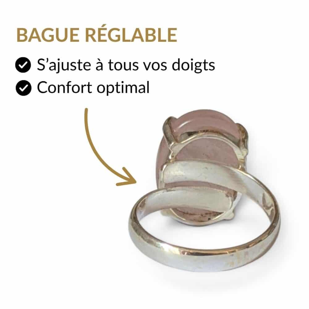 Bague argent 925 quartz rose réglable s'ajuste à tous les doigts vue intérieure