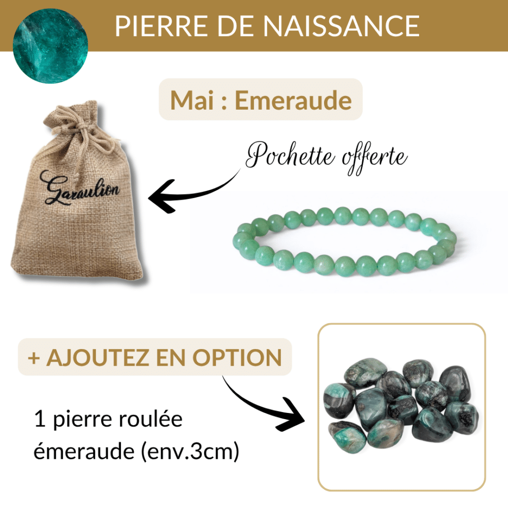 Bracelet en émeraude naturelle porté au poignet, un bijou élégant en pierre de naissance du mois de mai, apprécié pour sa beauté, sa qualité et ses vertus d'amour et d'équilibre.
