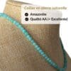 Collier en amazonite qualité AA composé de véritables pierres naturelles sélectionnées pour leur éclat, leur durabilité et leur authenticité. Le choix idéal pour un achat de qualité et pour profiter des vertus traditionnellement attribuées au amazonite, connues pour favoriser l'apaisement, l'expression des émotions et l'harmonie intérieure.