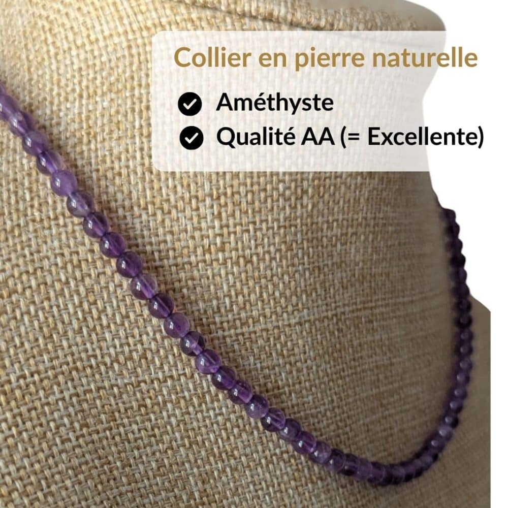 Collier en améthyste qualité AA composé de véritables pierres naturelles sélectionnées pour leur éclat, leur durabilité et leur authenticité. Le choix idéal pour un achat de qualité et pour profiter des vertus traditionnellement attribuées au améthyste, connues pour favoriser le calme, la relaxation, le sommeil et la sérénité.