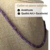 Collier en améthyste qualité AA composé de véritables pierres naturelles sélectionnées pour leur éclat, leur durabilité et leur authenticité. Le choix idéal pour un achat de qualité et pour profiter des vertus traditionnellement attribuées au améthyste, connues pour favoriser le calme, la relaxation, le sommeil et la sérénité.