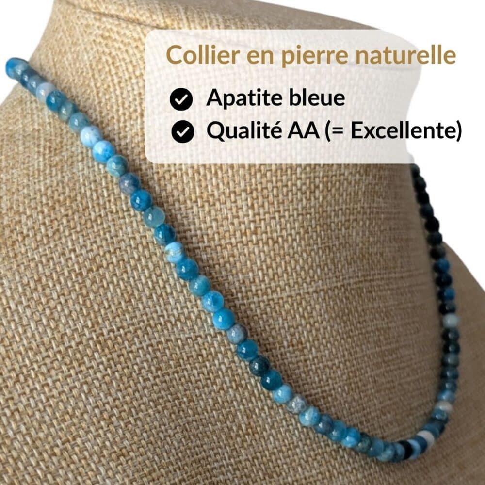 Collier en apatite qualité AA composé de véritables pierres naturelles sélectionnées pour leur éclat, leur durabilité et leur authenticité. Le choix idéal pour un achat de qualité et pour profiter des vertus traditionnellement attribuées au apatite, connues pour favoriser la motivation, l'inspiration, la communication et la confiance.