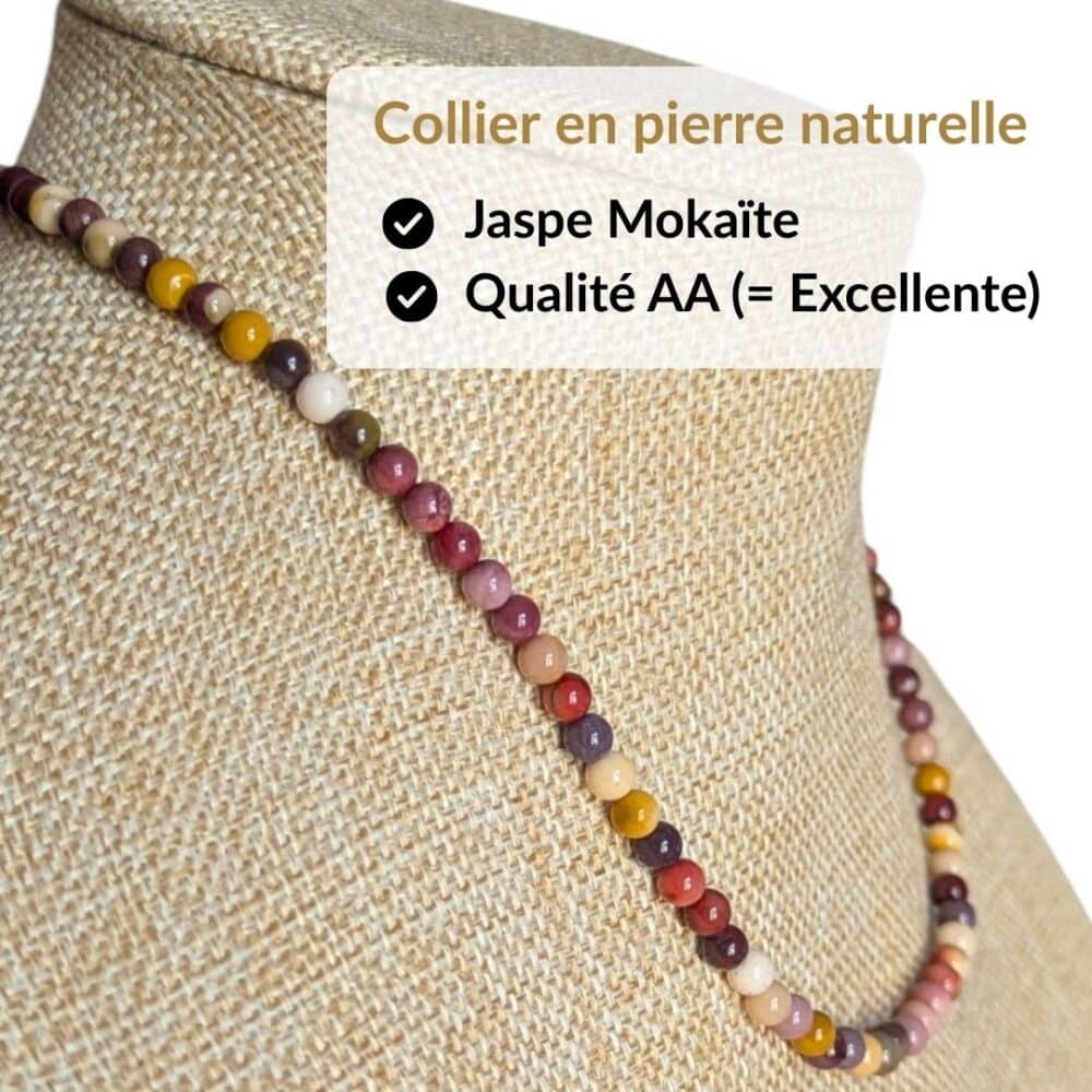 Collier en jaspe mokaïte qualité AA composé de véritables pierres naturelles sélectionnées pour leur éclat, leur durabilité et leur authenticité. Le choix idéal pour un achat de qualité et pour profiter des vertus traditionnellement attribuées au jaspe mokaïte, connues pour favoriser l'ancrage, la confiance, le dynamisme et la prise de décision.
