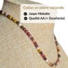 Collier en jaspe mokaïte qualité AA composé de véritables pierres naturelles sélectionnées pour leur éclat, leur durabilité et leur authenticité. Le choix idéal pour un achat de qualité et pour profiter des vertus traditionnellement attribuées au jaspe mokaïte, connues pour favoriser l'ancrage, la confiance, le dynamisme et la prise de décision.