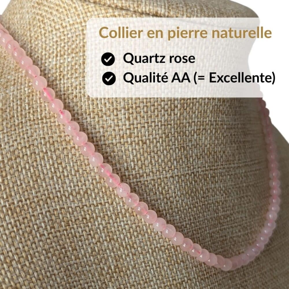 Collier en quartz rose qualité AA composé de véritables pierres naturelles sélectionnées pour leur éclat, leur durabilité et leur authenticité. Le choix idéal pour un achat de qualité et pour profiter des vertus traditionnellement attribuées au quartz rose, connues pour favoriser l'amour, la tendresse, l'apaisement émotionnel et l'harmonie des relations.