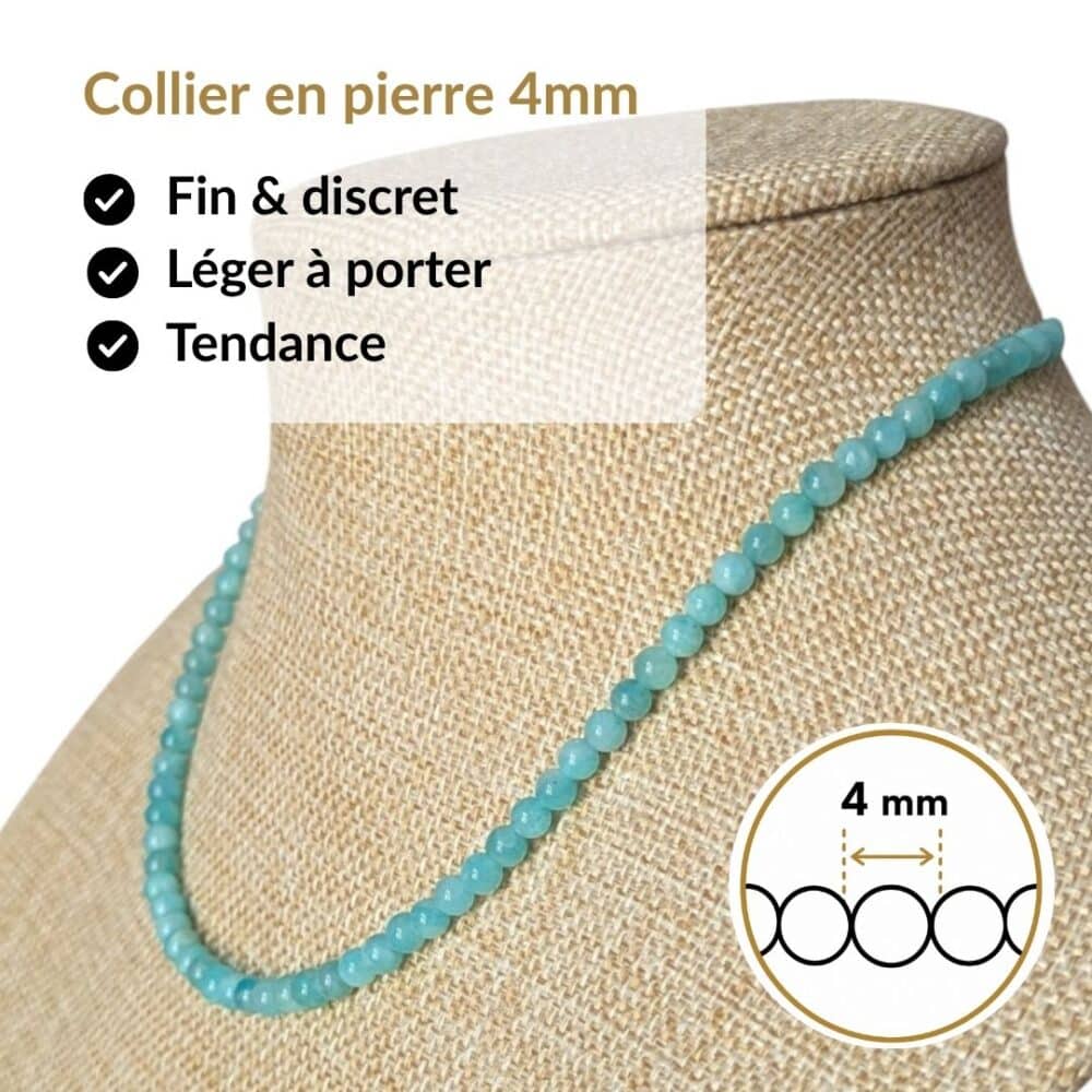 Collier en pierre naturelle amazonite de 4 mm, léger, discret et agréable à porter toute la journée. Son format raffiné s'accorde facilement avec toutes vos tenues tout en vous permettant de bénéficier des vertus traditionnellement associées au amazonite, réputé pour favoriser l'apaisement, l'expression des émotions et l'harmonie intérieure.