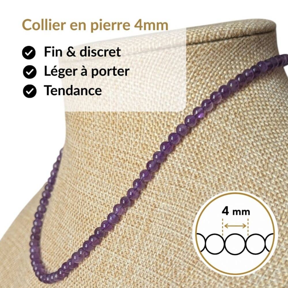 Collier en pierre naturelle améthyste de 4 mm, léger, discret et agréable à porter toute la journée. Son format raffiné s'accorde facilement avec toutes vos tenues tout en vous permettant de bénéficier des vertus traditionnellement associées au améthyste, réputé pour favoriser le calme, la relaxation, le sommeil et la sérénité.