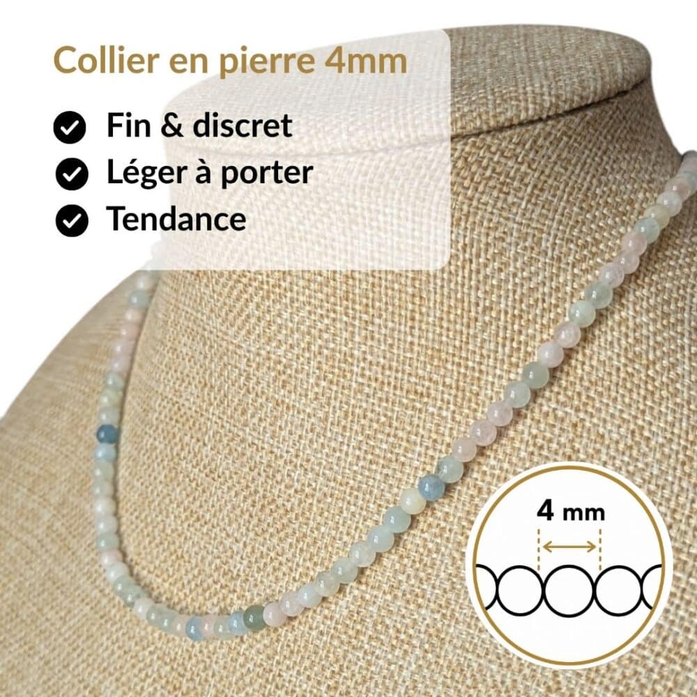 Collier en pierre naturelle béryl de 4 mm, léger, discret et agréable à porter toute la journée. Son format raffiné s'accorde facilement avec toutes vos tenues tout en vous permettant de bénéficier des vertus traditionnellement associées au béryl, réputé pour favoriser la clarté d'esprit, la confiance et l'équilibre émotionnel.