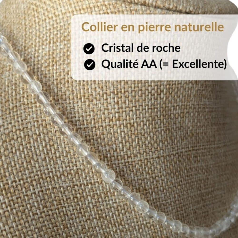 Collier en cristal de roche qualité AA réalisé avec de véritables pierres naturelles soigneusement sélectionnées pour leur transparence, leur éclat et leur excellente qualité. Idéal pour profiter des vertus traditionnellement attribuées au cristal de roche.