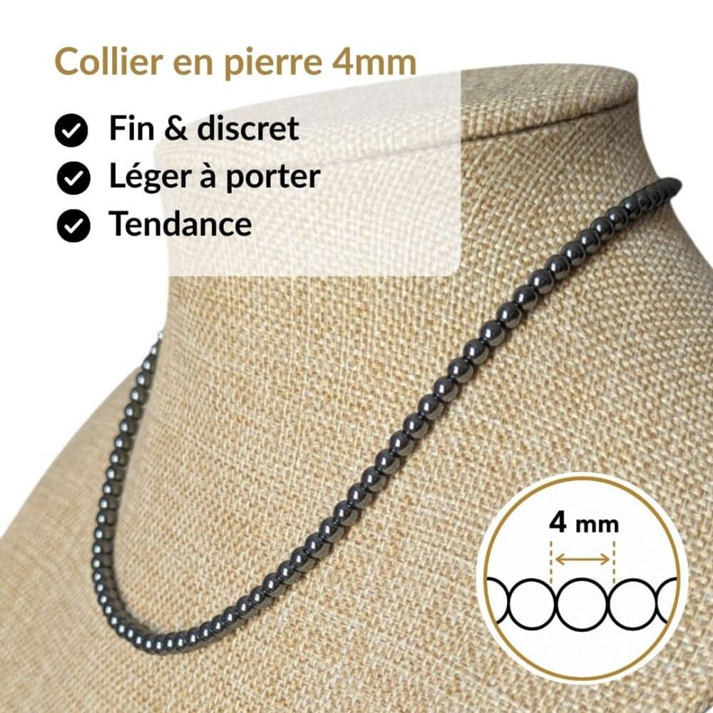 Collier en pierre naturelle hématite de 4 mm, léger, discret et agréable à porter toute la journée. Son format raffiné s'accorde facilement avec toutes vos tenues tout en vous permettant de bénéficier des vertus traditionnellement associées au hématite, réputé pour favoriser l'ancrage, la force mentale, la confiance et la stabilité.