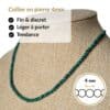 Collier en pierre naturelle malachite de 4 mm, léger, discret et agréable à porter toute la journée. Son format raffiné s'accorde facilement avec toutes vos tenues tout en vous permettant de bénéficier des vertus traditionnellement associées au malachite, réputé pour favoriser la protection, la transformation et le renouveau.