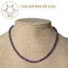 Collier ras-de-cou en améthyste de 42 cm offrant un tombé élégant qui sublime naturellement le cou. Un bijou intemporel qui associe style, confort et les vertus traditionnellement attribuées au améthyste, reconnues pour favoriser le calme, la relaxation, le sommeil et la sérénité.