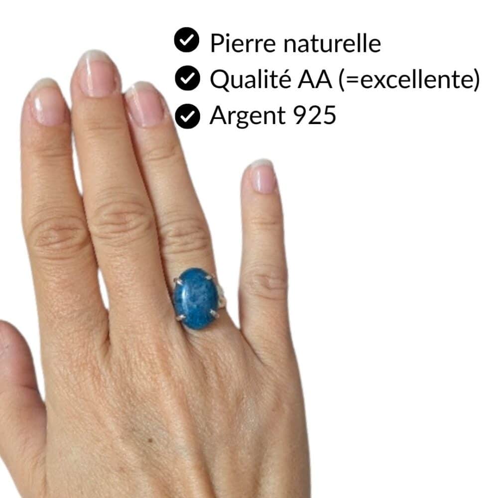 Bague apatite bleue pierre naturelle qualité AA argent 925 bijou lithothérapie Garaulion