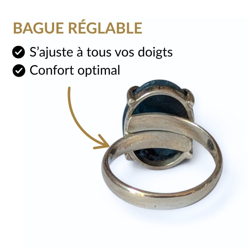 Bague argent 925 apatite bleue réglable s'ajuste à tous les doigts vue intérieure