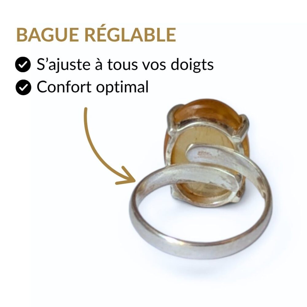 Bague argent 925 citrine réglable s'ajuste à tous les doigts vue intérieure