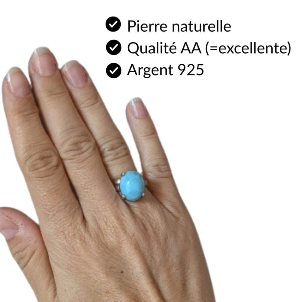 Bague larimar pierre naturelle qualité AA argent 925 bijou lithothérapie Garaulion
