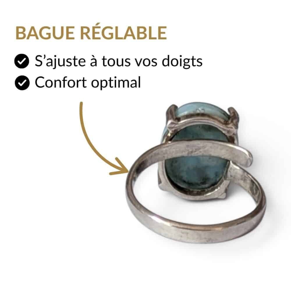Bague argent 925 larimar réglable s'ajuste à tous les doigts vue intérieure