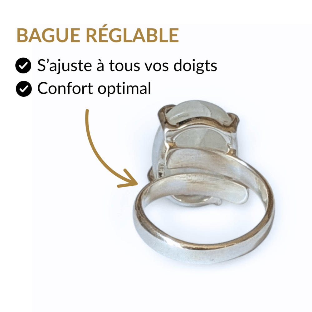 Bague argent 925 pierre de lune blanche réglable s'ajuste à tous les doigts vue intérieure