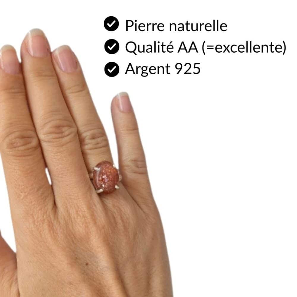 Bague pierre de soleil pierre naturelle qualité AA argent 925 bijou lithothérapie Garaulion