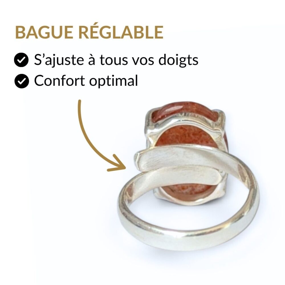 Bague argent 925 pierre de soleil réglable s'ajuste à tous les doigts vue intérieure